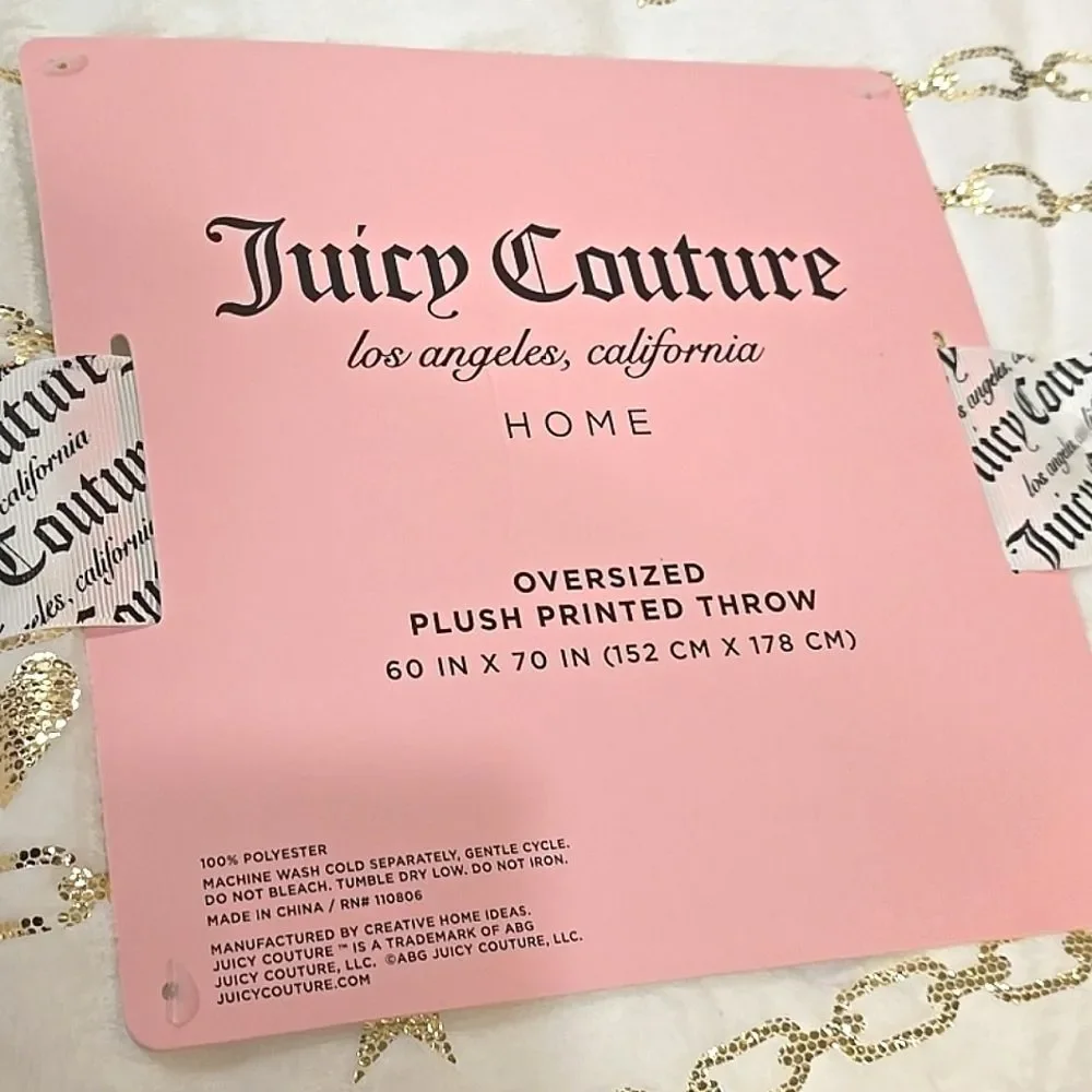 Juicy Couture Home Gold Foil Chain Crown & Hearts Printed Plush‎ Throw Blanket